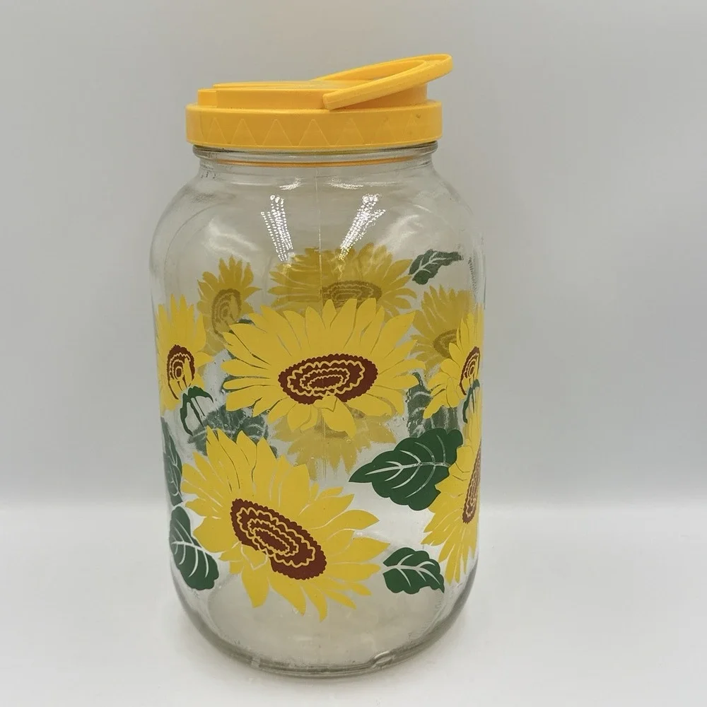 Vintage Sunflower Glass Canister Yellow Pour Spout Lid Floral Kitchen Storage